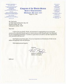 Letter from US Representative Kenneth E. Bentsen, Jr. to Carl Lewis, August 14, 1996. Creator: Unknown.