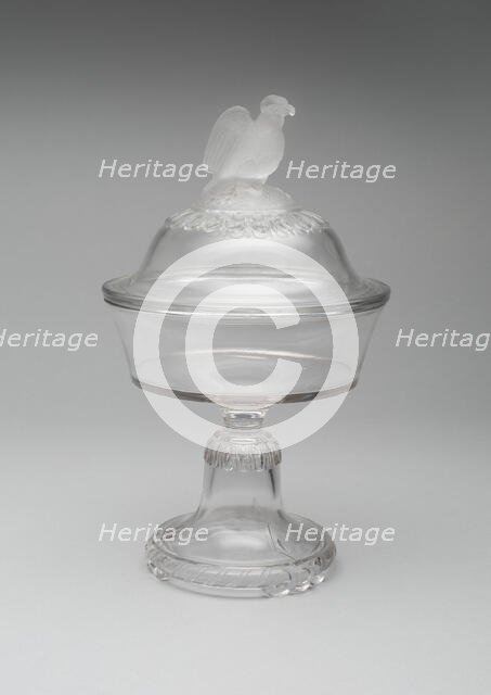 Old Abe/Frosted Eagle pattern medium covered compote on pedestal, 1880/90. Creator: Crystal Glass Company.
