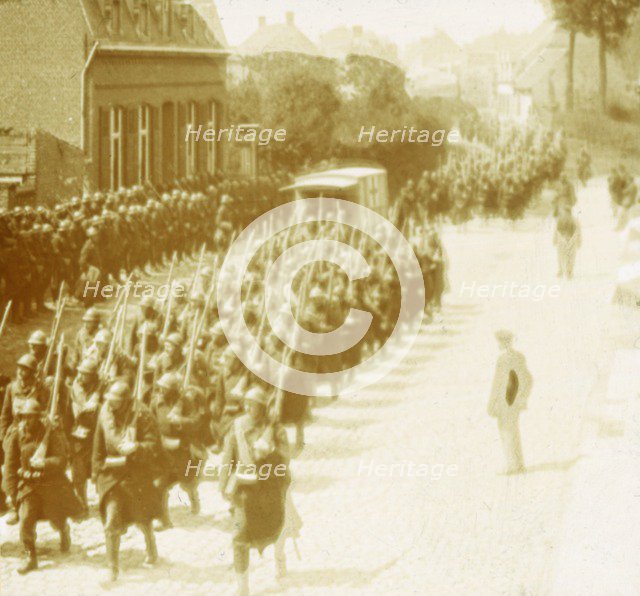 Troops marching, Alveringem, Flanders, Belgium, c1914-c1918. Artist: Unknown.