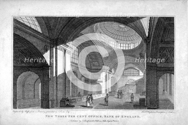 The New Three Percent Office at the Bank of England, City of London, 1808. Artist: Robert Cabbel Roffe