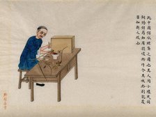 A man making waterpipes: working at a table with a small furnace and various tools, 1890. Creator: Pei Qun Zhou.