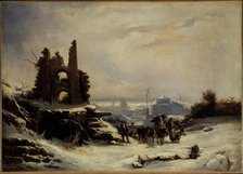 Return from market (snow in Paris), c1830. Creator: Louis Claude Mallebranche.