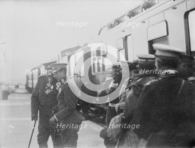 King Ferd. whispers to Prince Boris, (1912?). Creator: Bain News Service.