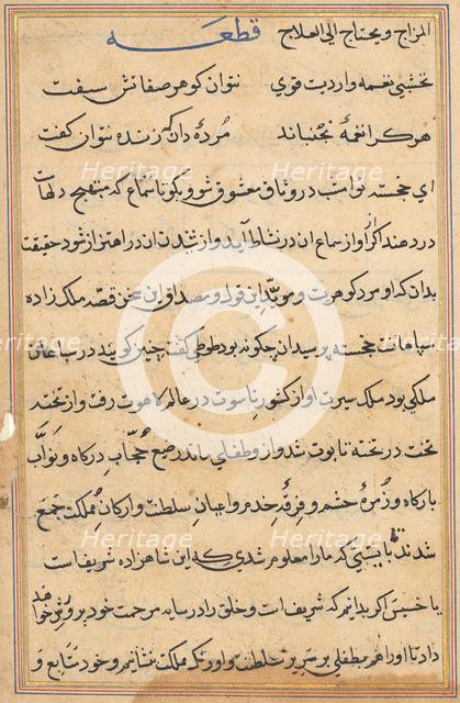 Page from Tales of a Parrot (Tuti-nama): text page, c. 1560. Creator: Unknown.