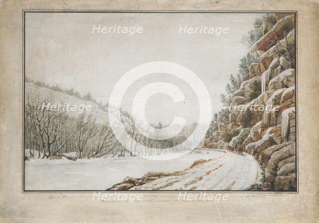 View on the New Turnpike Road, on the Margin of the Juniata, with a Distant View..., 1820. Creator: Benjamin Henry Latrobe.