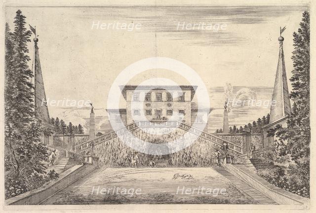 The villa at center flanked by four obelisks, a staircase to either side, a statue in ..., ca. 1653. Creator: Stefano della Bella.