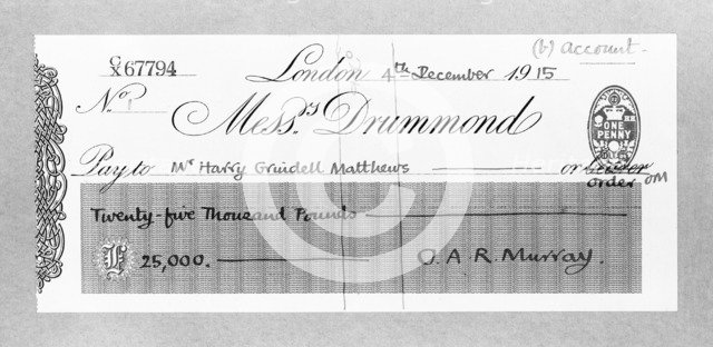 Cheque for £25,000 made payable to Mr Harry Grindell Matthews, December 1915. Artist: H Bedford Lemere.