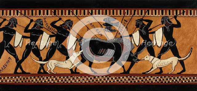 Detail of a frieze decorating a Greek black-figured column krater representing a group..., 1760-9. Creator: Augustin Dahlsteen.