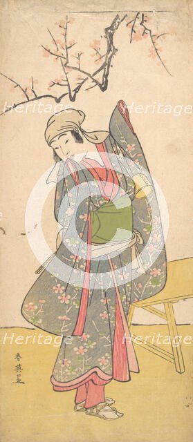 The Fourth Iwai Hanshiro as a Young Girl Standing by a Wooden Bench, ca. 1790? Creator: Katsukawa Shun'ei.