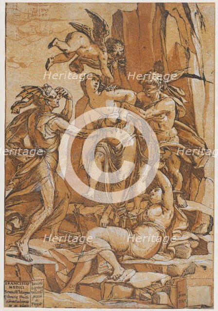 Virtue as a young woman in the centre of four figures representing love, error, ignorance ..., 1585. Creator: Andrea Andreani.