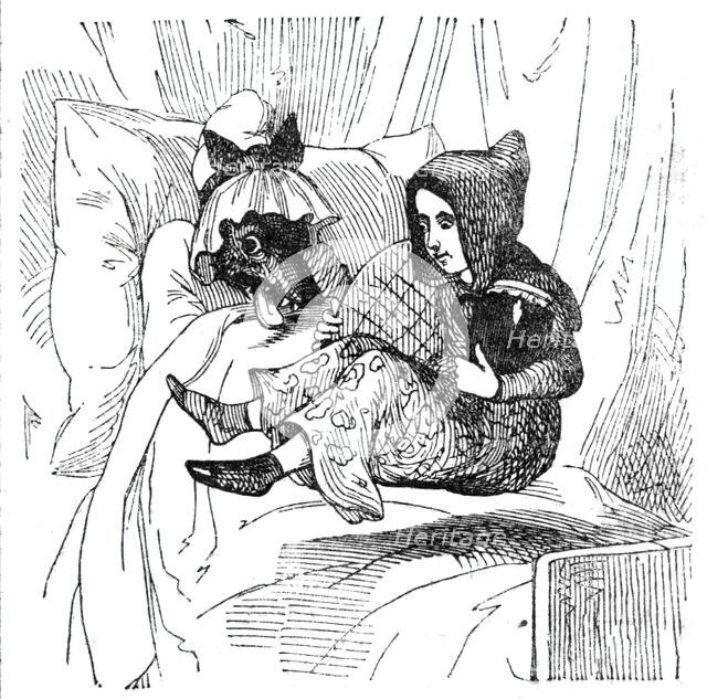 Little Red Riding Hood and the wolf disguised as her grandmother, 1842. Creator: Unknown.