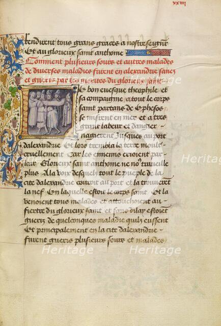 Initial L: The Sick in Alexandria Are Healed after Touching the Body of Saint Anthony, about 1465-70 Creators: Master of the Brussels Romuléon, Workshop of the Master of the Brussels Romuléon.