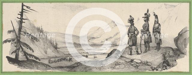 Three soldiers in a landscape, mid-19th century. Creator: Victor Adam.