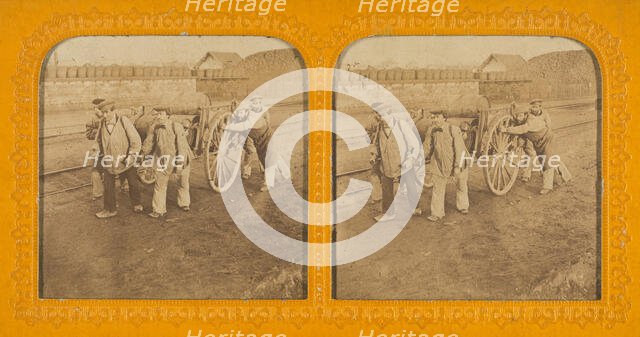 Men pushing and pulling a wagon, 1855-1860. Creator: Unknown.