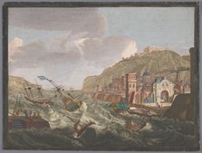 View of a southern harbor with ships and boats on the wild water, 1700-1799. Creators: Anon, Pierre Maleuvre.