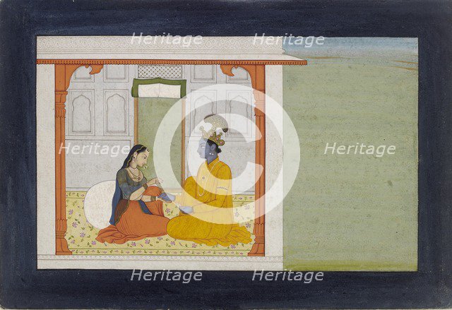 The nayika comments on her lover’s new ring, 1780-1785. Artist: Nikka.