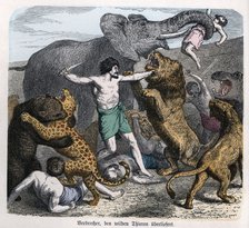 Roman circus, criminals condemned to death are thrown into the arena to fight wild beasts, engrav…