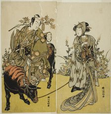 The Actors Iwai Hanshiro IV as Okume (right), and Ichikawa Monnosuke II as Koshiba...,c. 1779. Creator: Katsukawa Shunko.