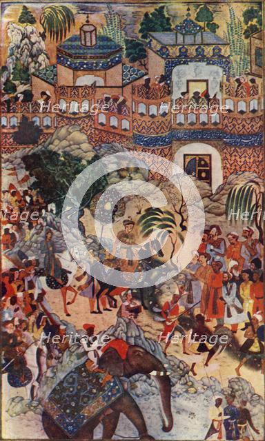 'The Great Emperor Akbar Enters His City in State', 1572, (1590-1595), (c1930).  Creator: Farrukh Beg.