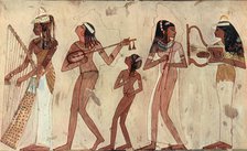 'Egyptian arched harp, lute, double oboe and lyre; tomb painting in Veset (Thebes) c.1420-1411 B.C.' Artist: Unknown.
