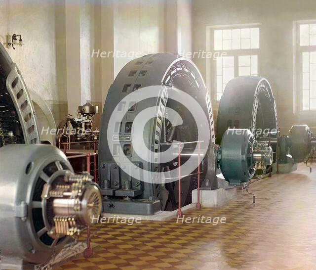 Alternators made in Budapest, Hungary, in the power generating hall of a..., between 1905-1915. Creator: Sergey Mikhaylovich Prokudin-Gorsky.