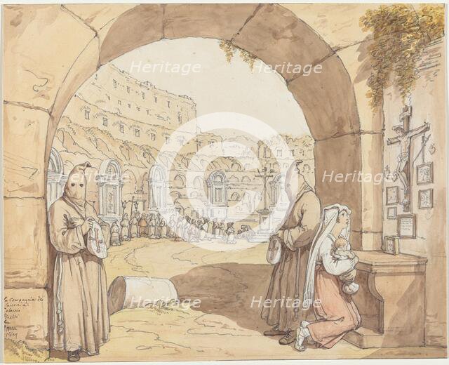 La Compagnia dei sacconi al Colosseo (Penitents Praying at Altars in the Colosseum), 1829. Creator: Bartolomeo Pinelli.