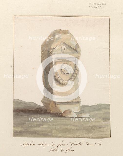 Grave monument in the form of classical altar in the city of Gozo, 1778. Creator: Louis Ducros.