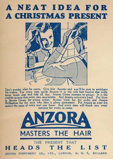 Advertisement for Anzora hair fixative, 1936.  Creator: Unknown.