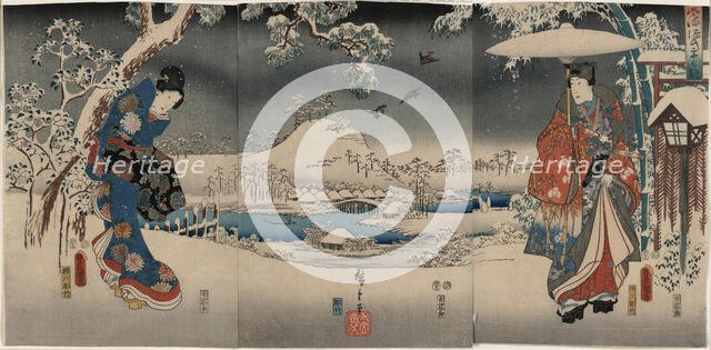 A modern version of the Tale of Genji in snow scenes (Furyu genji yuki no nagame), 1853. Creator: Kunisada (Toyokuni III), Utagawa (1786-1864).