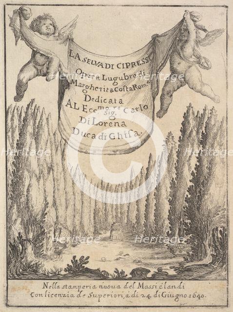 Frontispiece for 'The Cypress Forest' (La selva di cipressi): two putti hold a tapestry in..., 1640. Creator: Stefano della Bella.
