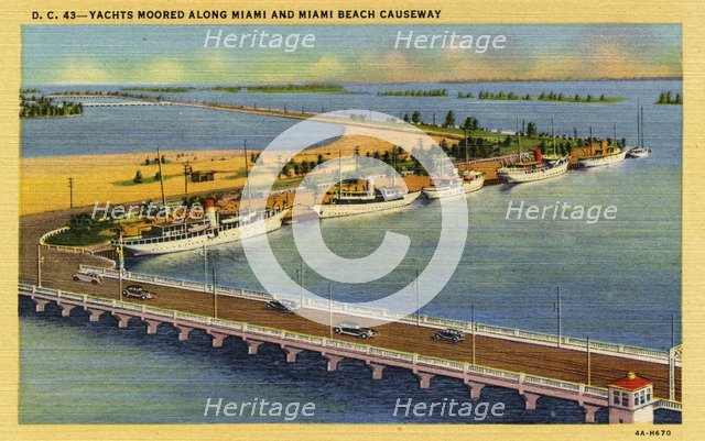 Yachts moored along the Miami and Miami Beach Causeway, Florida, USA, 1934. Artist: Unknown