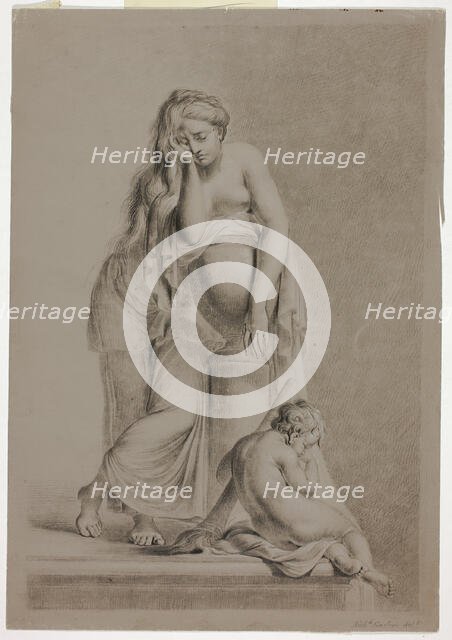 Weeping Allegorical Female Figure with Putto, 1770/79. Creator: Richard Earlom.