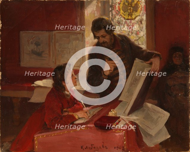 Nikita Zotov teaches young Peter I, 1902. Artist: Lebedev, Klavdi Vasilyevich (1852-1916)