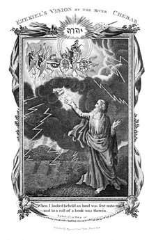 Ezekiel's vision of a chariot in the sky and a hand in the clouds holding out a book to him, 1804. Artist: Unknown
