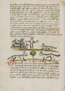 A Shepherd with his Dog and Flock: A Man Chasing Away a Wolf; Fables, third quarter of 15th century. Creator: Unknown.