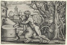 The Labors of Hercules: Hercules Strangling the Nemean Lion, 1548. Creator: Hans Sebald Beham (German, 1500-1550).