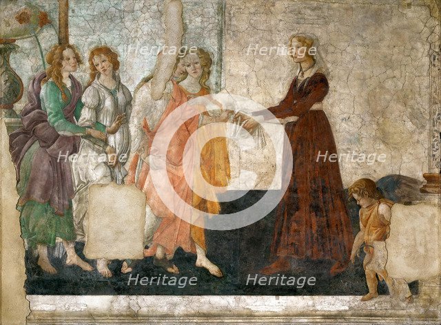 Venus and the Three Graces offering presents to a young girl, 1484-1486. Artist: Botticelli, Sandro (1445-1510)