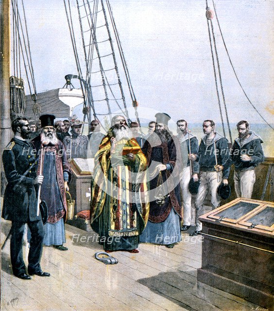 Russian Orthodox priests performing ceremony of naming the yacht of Grand Duke Alexis, 1891. Artist: Unknown