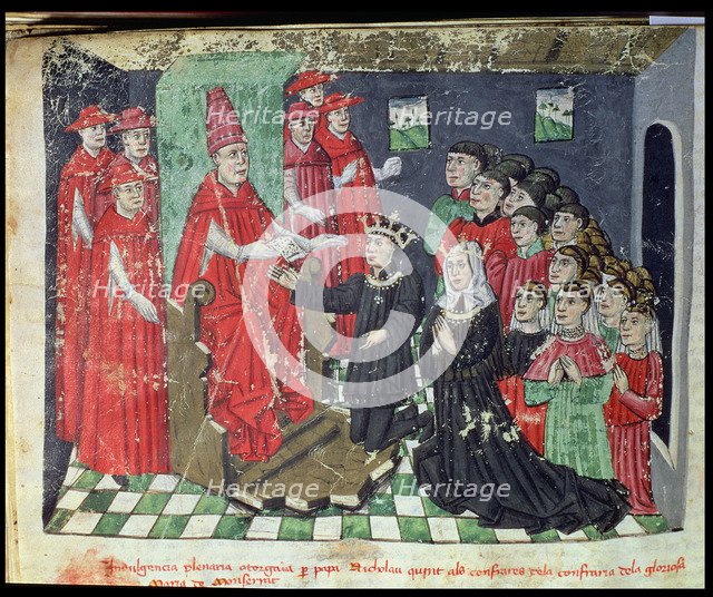 Pope Nicholas V (1444 - 1455), accompanied by six cardinals gives to kings Alphonse IV the Magnan…
