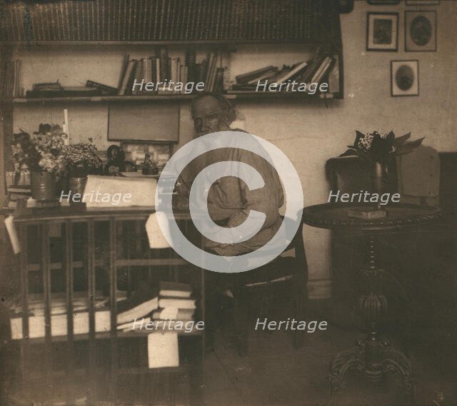 L.N. Tolstoi in his study, in Iasnaia Poliana, 1908. Creator: Sergey Mikhaylovich Prokudin-Gorsky.