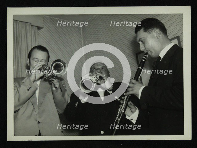 Humphrey Lyttelton, Sidney Bechet and unknown clarinetist, Colston Hall, Bristol, 1956. Artist: Denis Williams