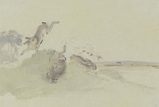 Three hares startled by the railway, mid-19th century. Creator: Friedrich Wilhelm Keyl.