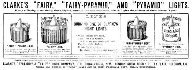 Advertisement for Clarke’s "Pyramid" & "Fairy" Light Company, 1890. Creator: Unknown.