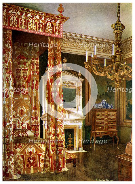 Queen Anne's bed, chest of drawers upon a stand and a wooden candelabra, 1910.Artist: Edwin Foley
