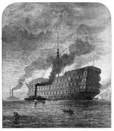 Departure of the Dreadnought hospital ship from her old moorings in the Thames, 1872. Creator: John Greenaway.