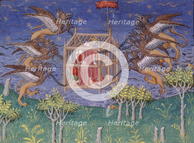 Alexander the Great, in a cage, being carried aloft by griffins, Paris, c1420-1425. Creator: Unknown.