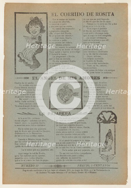 Broadsheet featuring three love ballads with vignettes showing a woman reading..., 1918 (published). Creator: José Guadalupe Posada.