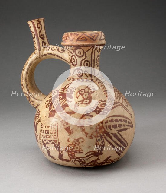 Handle Spout Jar with Fineline Bird Hunt Motifs, 100 B.C./A.D. 500. Creator: Unknown.