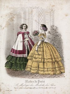 Two women wearing the latest fashions, 1858. Artist: Anon