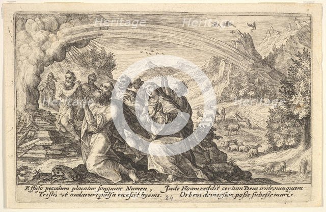 God enters into a covenant with Noah: next to a smoking pyre Noah kneels in a gesture of p..., 1612. Creator: Crispijn de Passe I.
